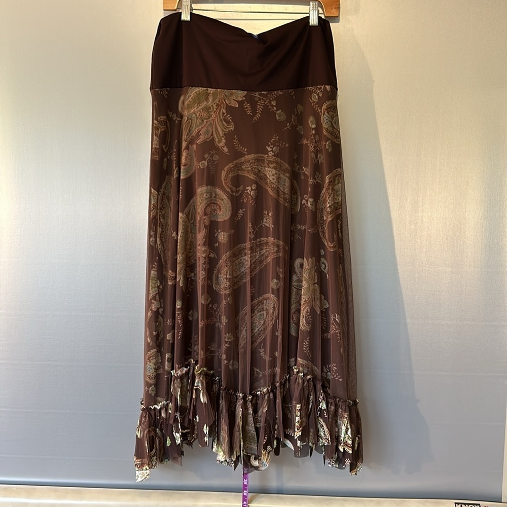 LOOK layered skirt asymmetrical hem with shaggy trim at hem line maxi festival